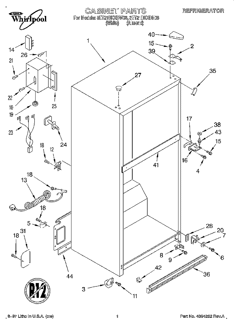 CABINET Diagram and Parts List for 3ET21DKXDW03  Whirlpool Refrigerator