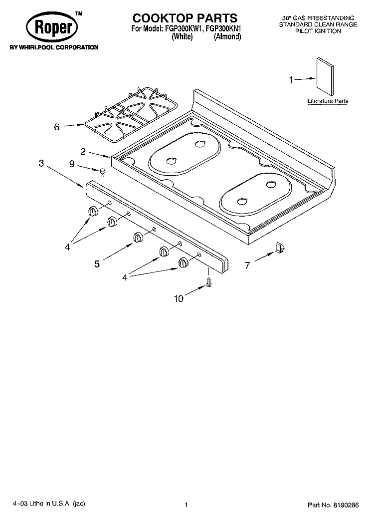 COOKTOP PARTS Diagram and Parts List for FGP300KN1  Roper Range