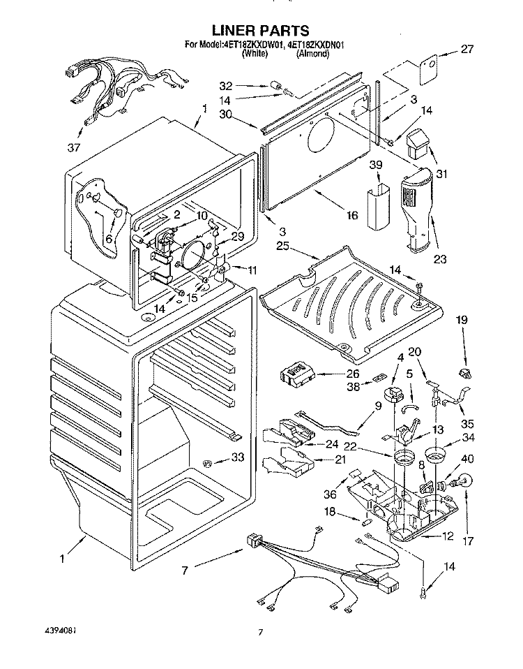 LINER Diagram and Parts List for 4ET18ZKXDW01  Whirlpool Refrigerator