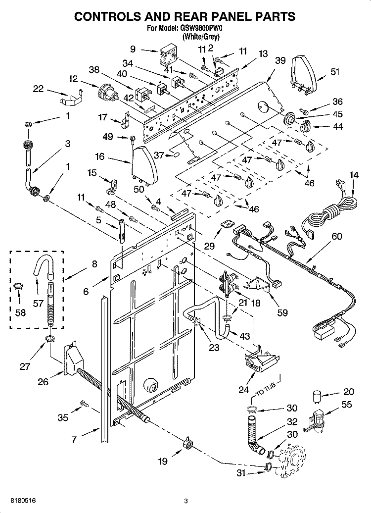 CONTROLS AND REAR PANEL PARTS Diagram and Parts List for GSW9800PW0  Whirlpool Washer