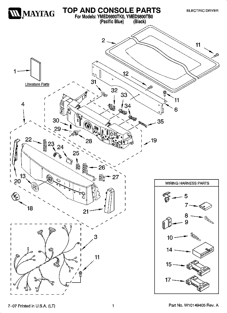 TOP AND CONSOLE PARTS Diagram and Parts List for YMED9800TB0  Maytag Dryer