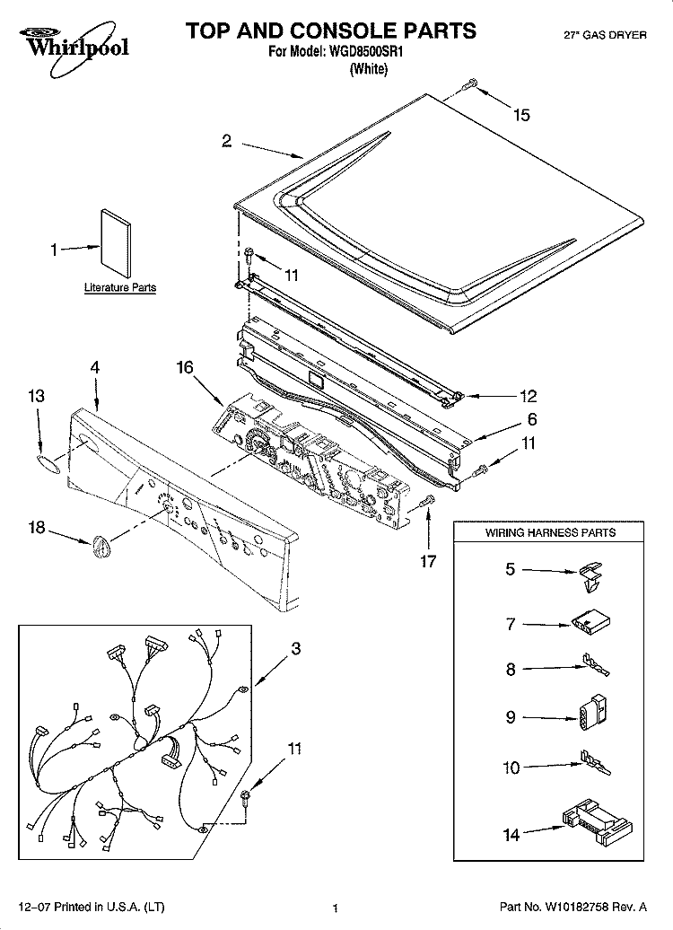 TOP AND CONSOLE PARTS Diagram and Parts List for WGD8500SR1  Whirlpool Dryer