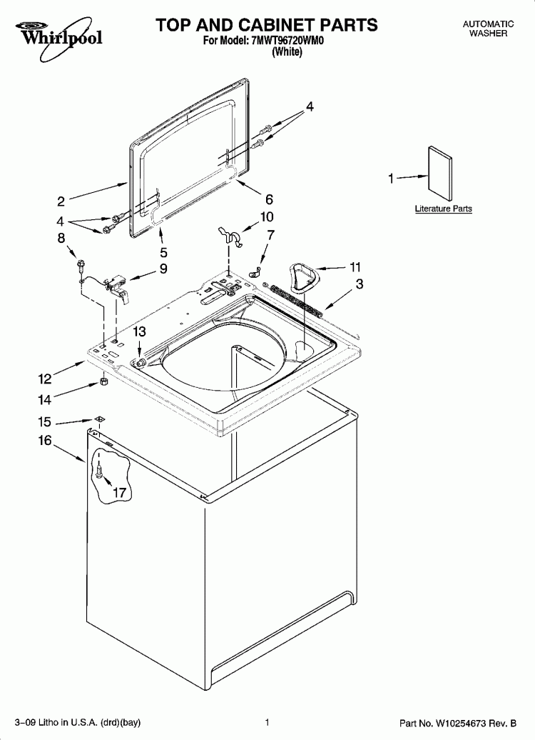 TOP AND CABINET PARTS Diagram and Parts List for 7MWT96720WM0  Whirlpool Washer