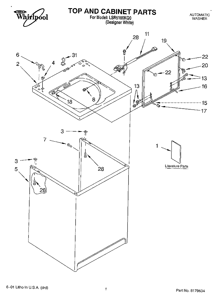 TOP AND CABINET, LITERATURE Diagram and Parts List for LSR5100KQ0  Whirlpool Washer