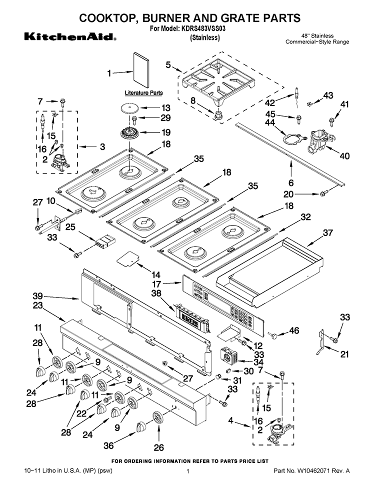 COOKTOP, BURNER AND GRATE PARTS Diagram and Parts List for KDRS483VSS03  KitchenAid Range