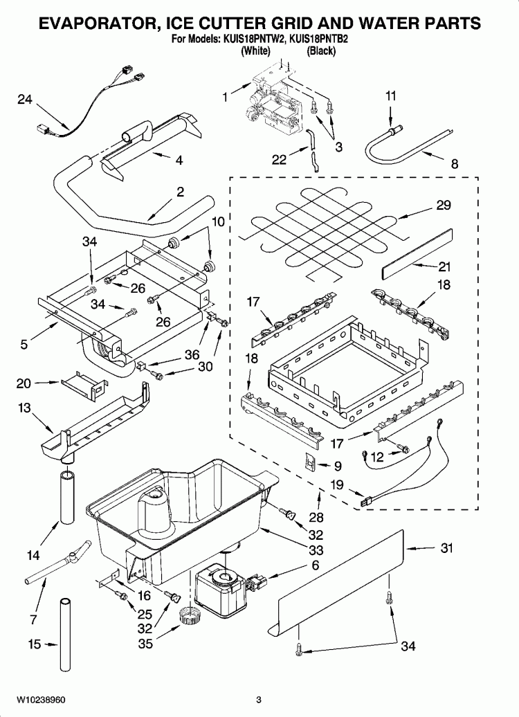 EVAPORATOR, ICE CUTTER GRID AND WATER PARTS Diagram and Parts List for KUIS18PNTB2  KitchenAid Ice Maker