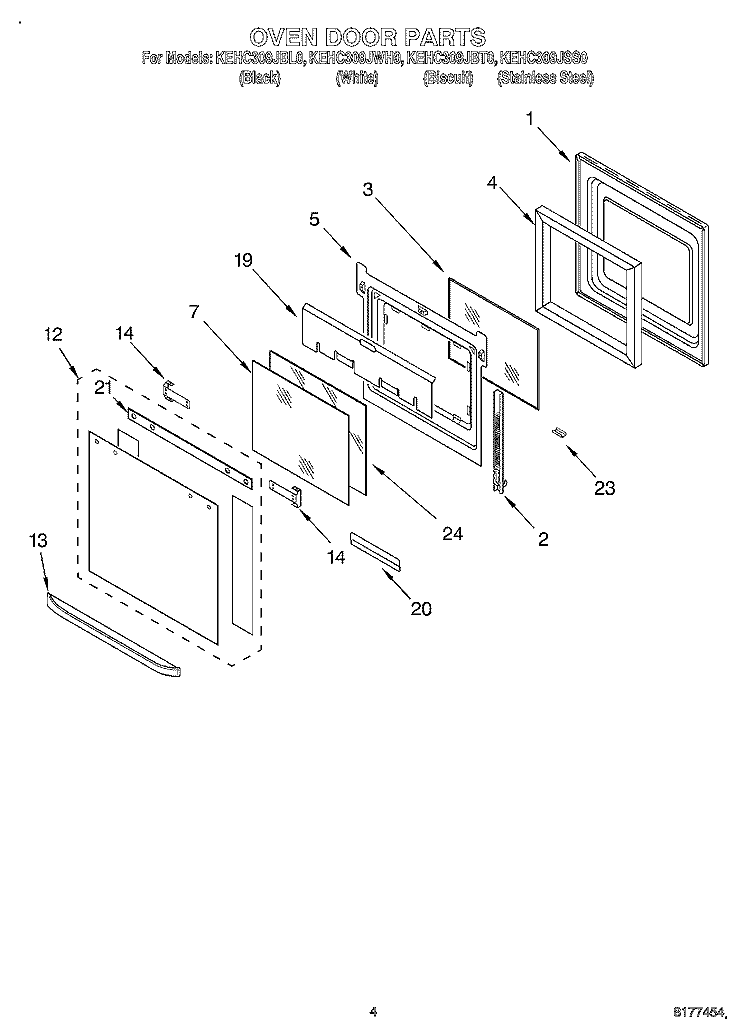 OVEN DOOR Diagram and Parts List for KEHC309JBT0  KitchenAid Microwave Oven Combo