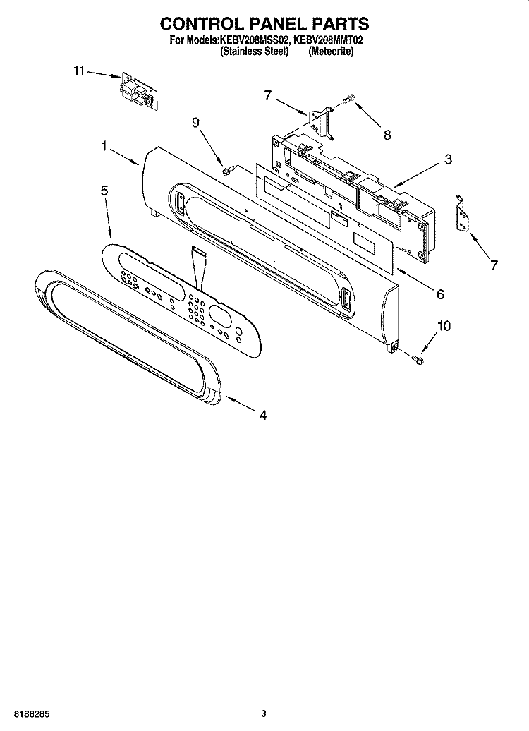 CONTROL PANEL PARTS Diagram and Parts List for KEBV208MSS02  KitchenAid Wall Oven