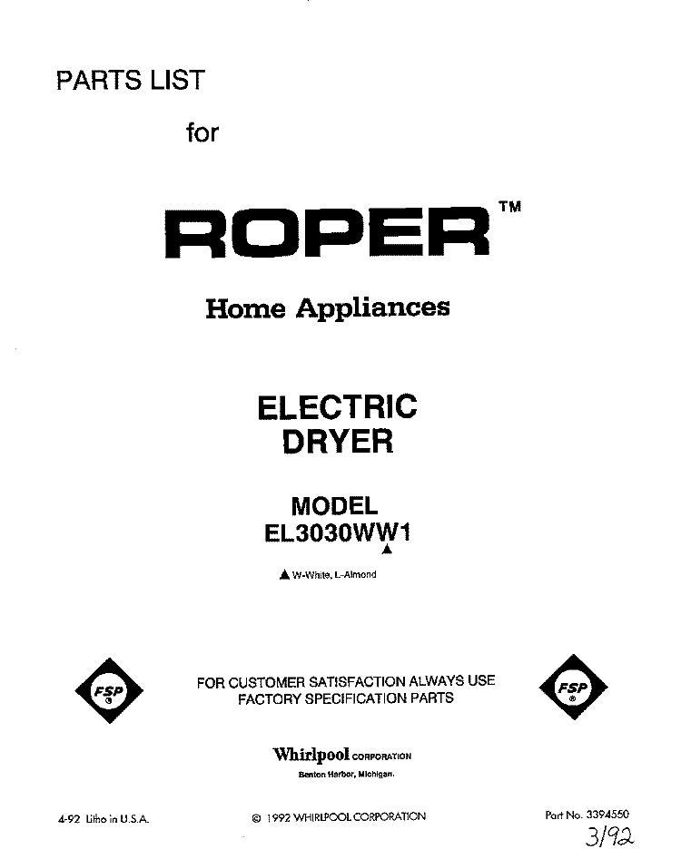 SECTION Diagram and Parts List for EL3030WW1  Roper Dryer