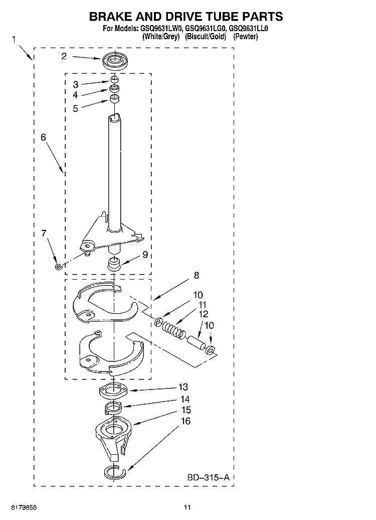 BRAKE AND DRIVE TUBE Diagram and Parts List for GSQ9631LL0  Whirlpool Washer