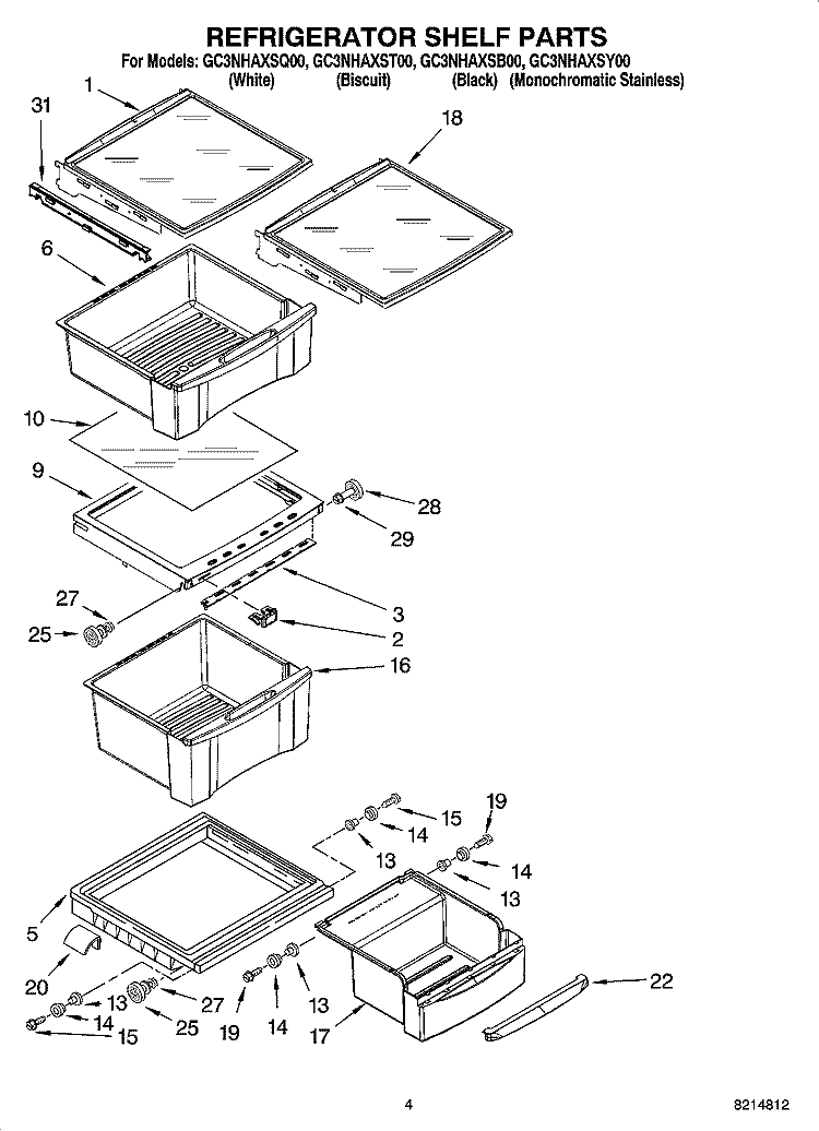 REFRIGERATOR SHELF PARTS Diagram and Parts List for GC3NHAXST00  Whirlpool Refrigerator