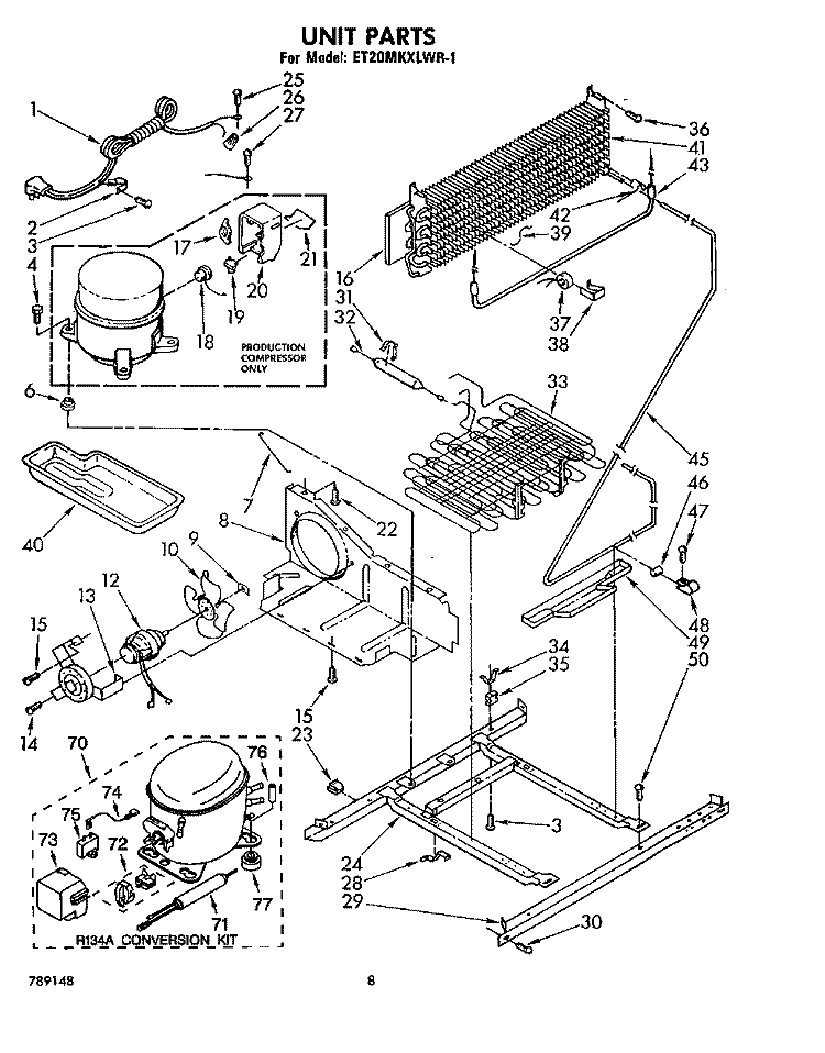 UNIT Diagram and Parts List for ET20MKXLWR1  Whirlpool Refrigerator