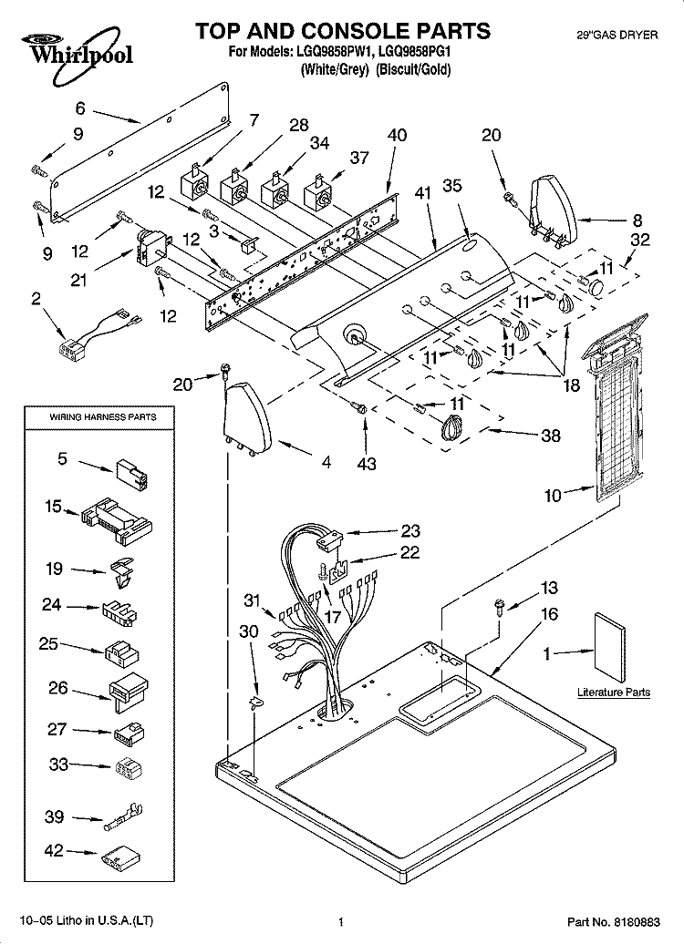 TOP AND CONSOLE PARTS Diagram and Parts List for LGQ9858PW1  Whirlpool Dryer