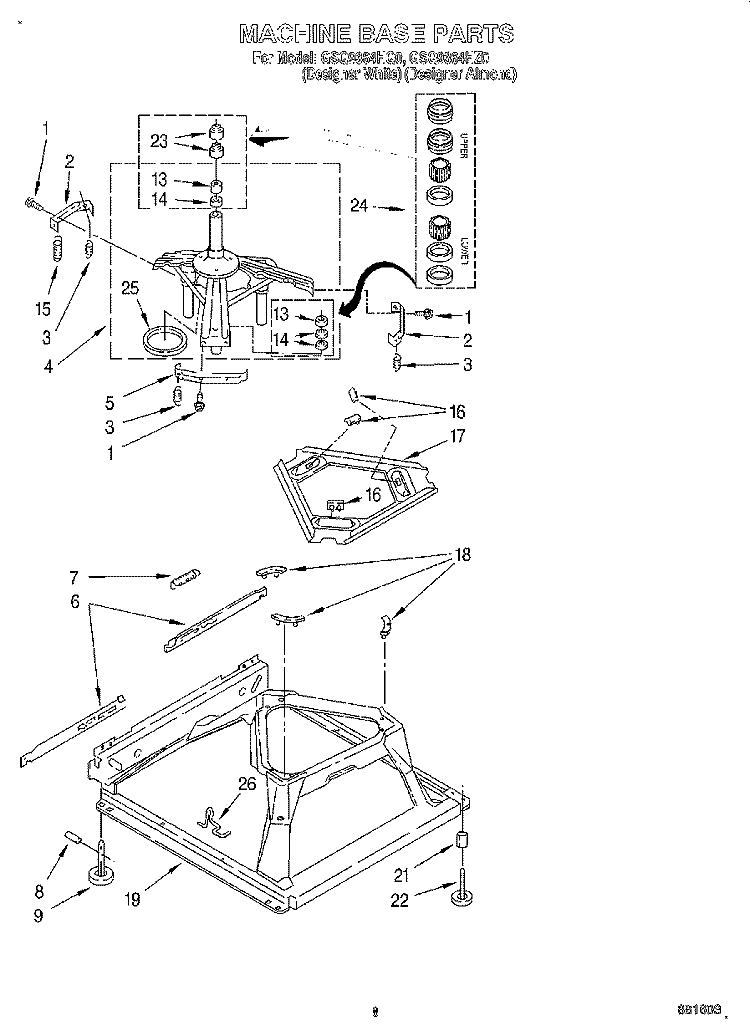 MACHINE BASE Diagram and Parts List for GSQ9364HZ0  Whirlpool Washer