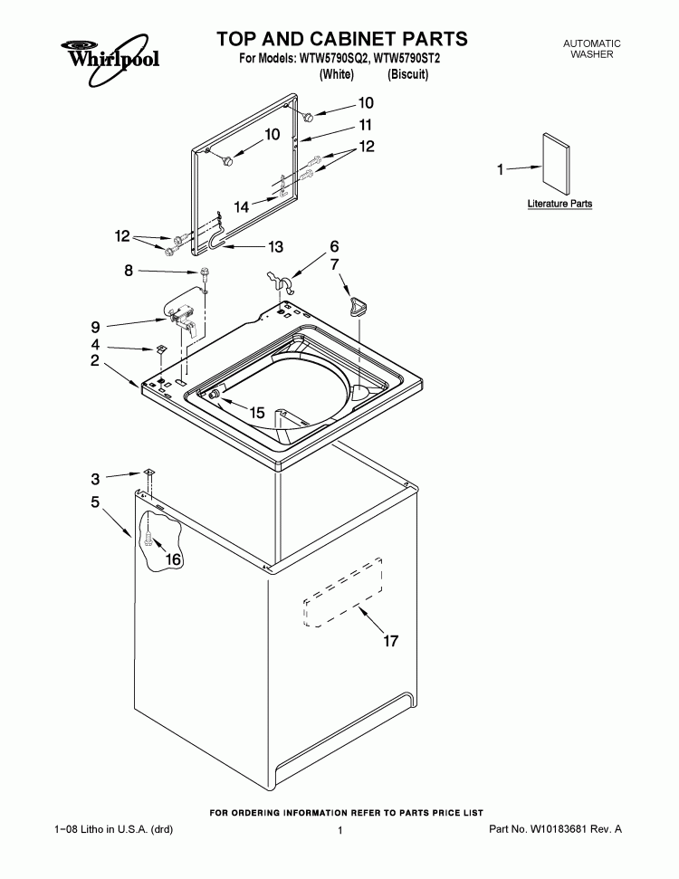 TOP AND CABINET PARTS Diagram and Parts List for WTW5790SQ2  Whirlpool Washer