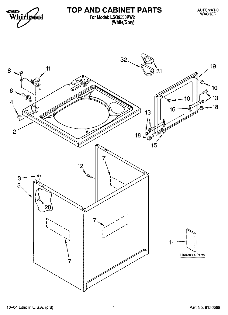 TOP AND CABINET PARTS Diagram and Parts List for LSQ9550PW2  Whirlpool Washer