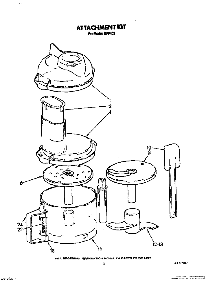 ATTACHMENT KIT Diagram and Parts List for KFP403  Whirlpool Food Processor
