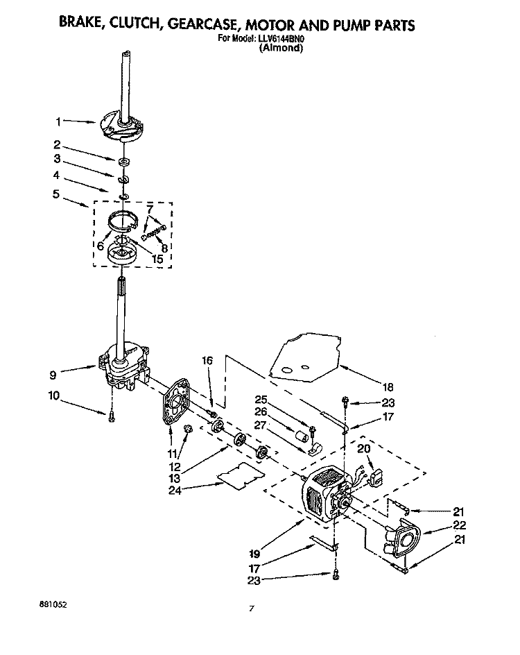 BRAKE, CLUTCH, GEARCASE, MOTOR & PUMP Diagram and Parts List for LLV6144BN0  Whirlpool Washer