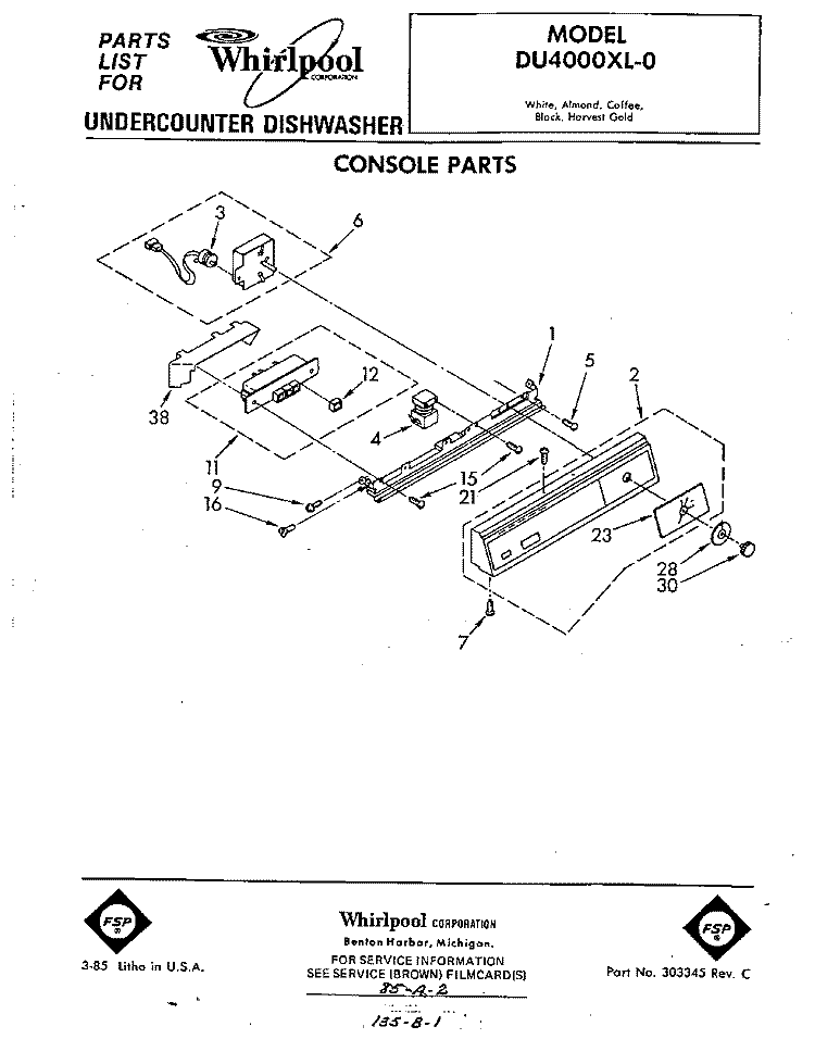 CONSOLE Diagram and Parts List for DU4000XL0  Whirlpool Dishwasher