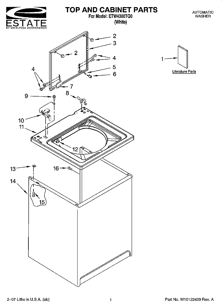TOP AND CABINET PARTS Diagram and Parts List for ETW4300TQ0  Estate Washer