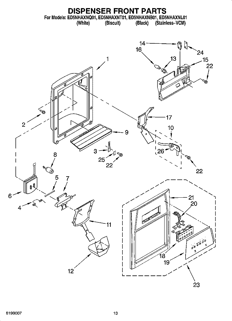 DISPENSER FRONT PARTS Diagram and Parts List for ED5NHAXNB01  Whirlpool Refrigerator