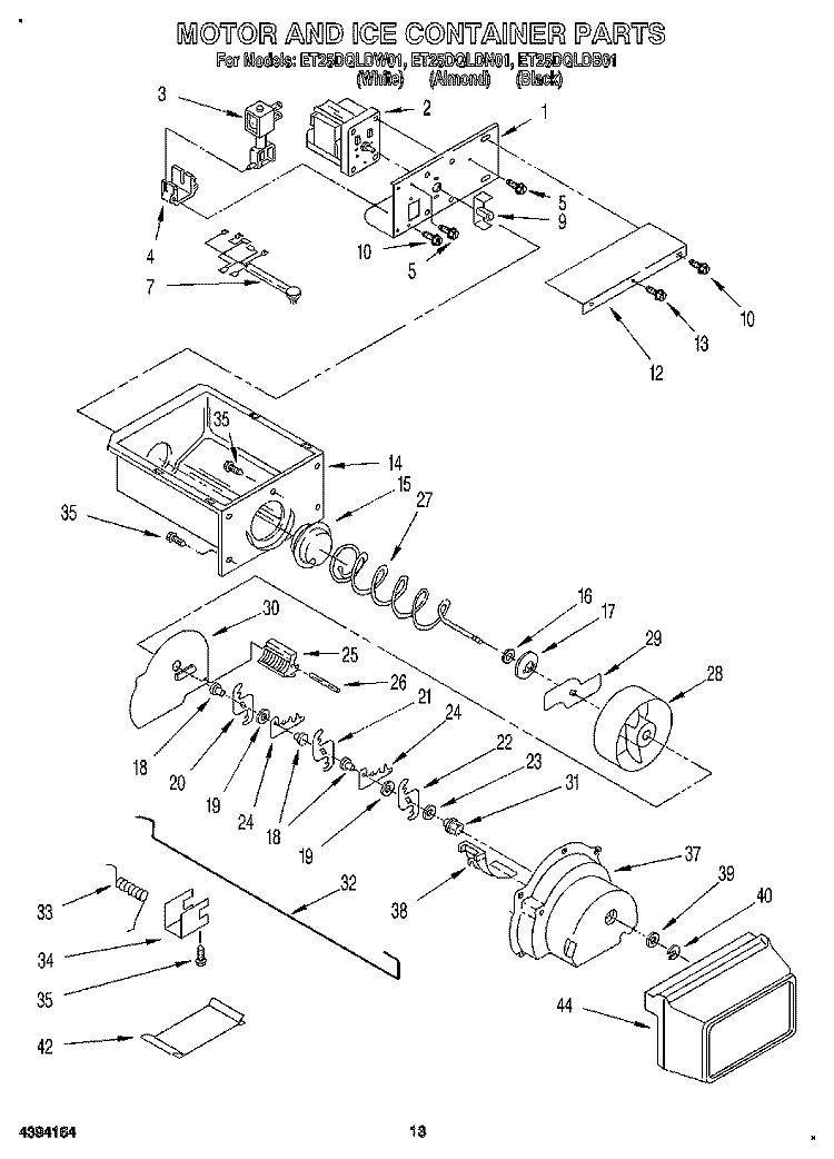 MOTOR AND ICE CONTAINER Diagram and Parts List for ET25DQLDN01  Whirlpool Refrigerator