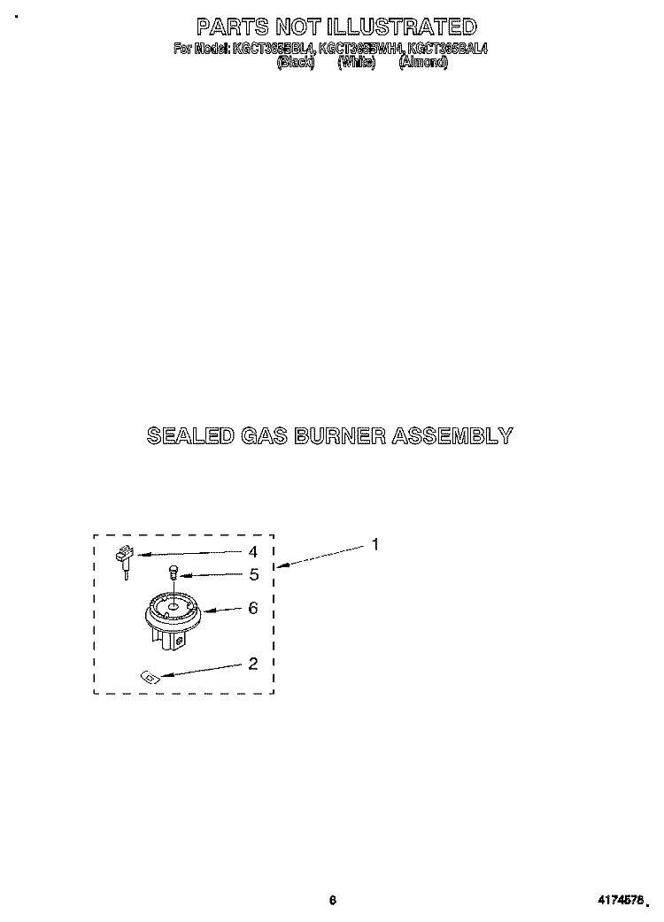 SEALED GAS BURNER ASSEMBLY Diagram and Parts List for KGCT365BAL4  KitchenAid Cooktop
