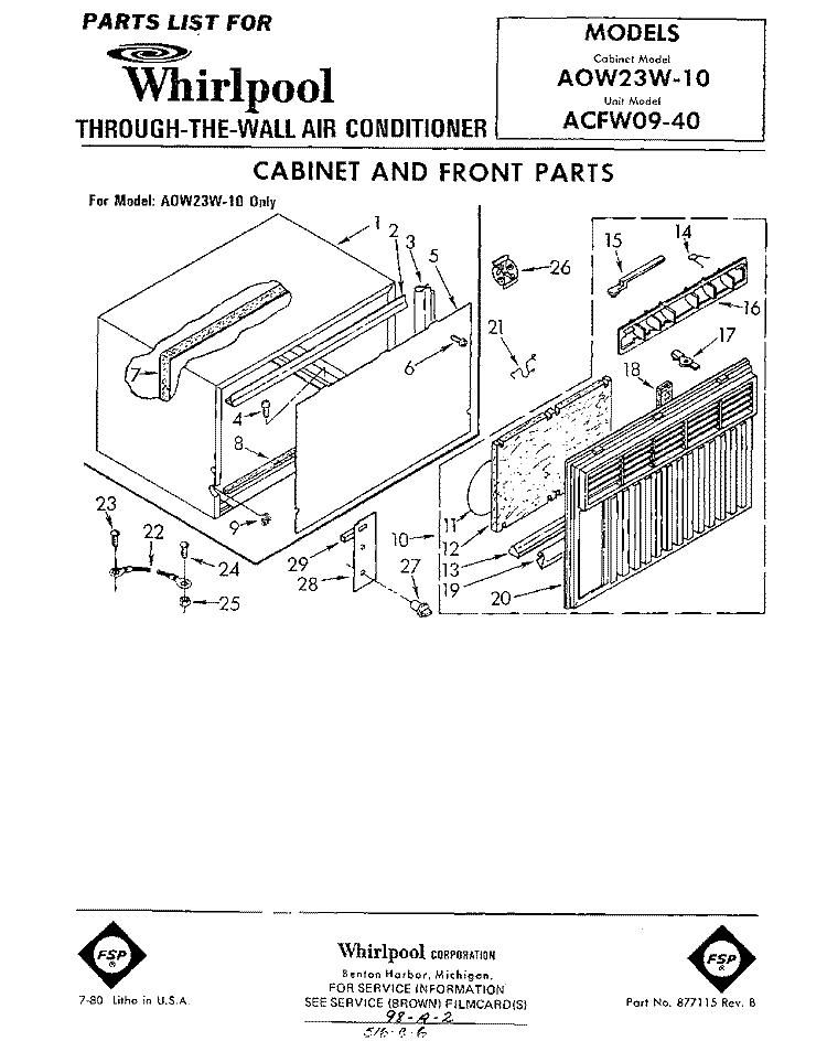 CABINET AND FRONT Diagram and Parts List for ACFW0940  Whirlpool Air Conditioner