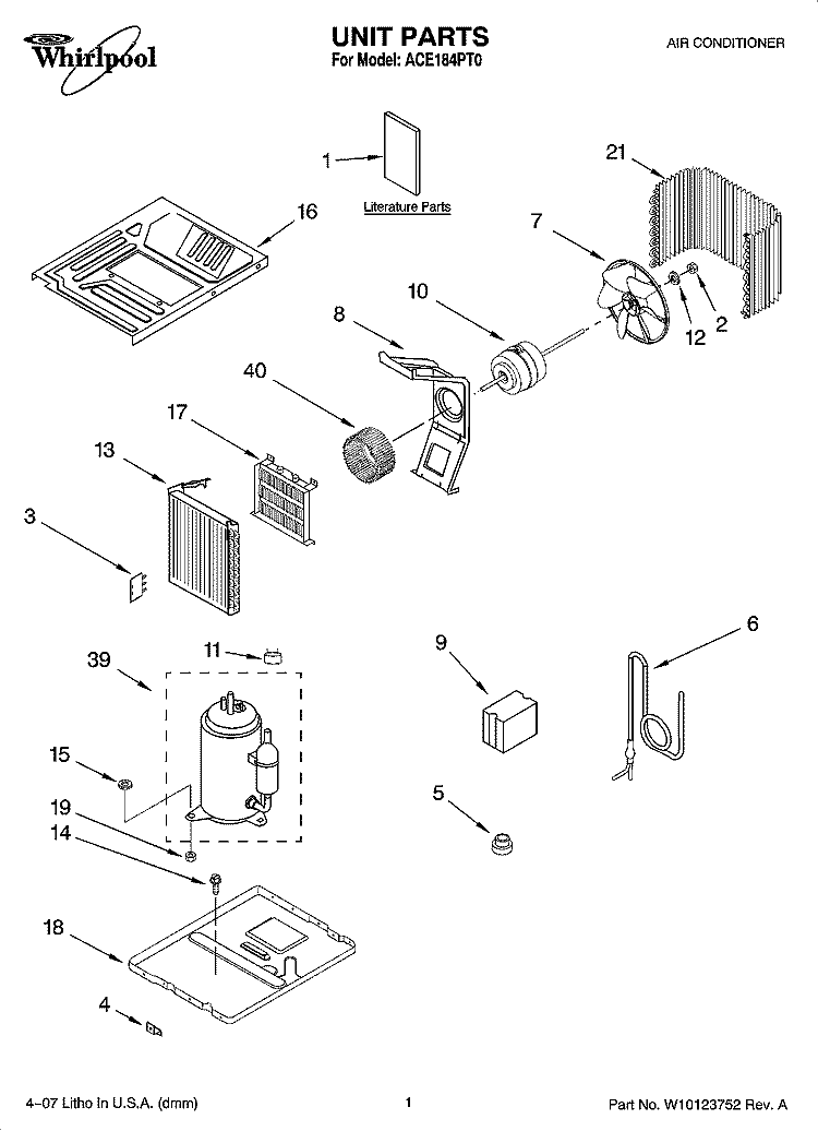 UNIT PARTS Diagram and Parts List for ACE184PT0  Whirlpool Air Conditioner