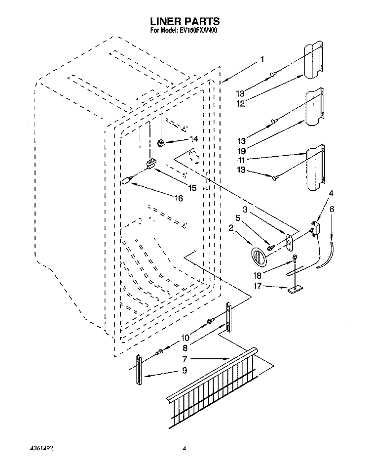 LINER, LIT/OPTIONAL Diagram and Parts List for EV150FXAN00  Whirlpool Freezer