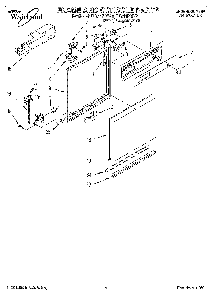 FRAME AND CONSOLE Diagram and Parts List for DU911PCDQ0  Whirlpool Dishwasher