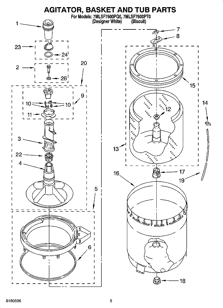 AGITATOR, BASKET AND TUB PARTS Diagram and Parts List for 7MLSF7600PQ0  Whirlpool Washer