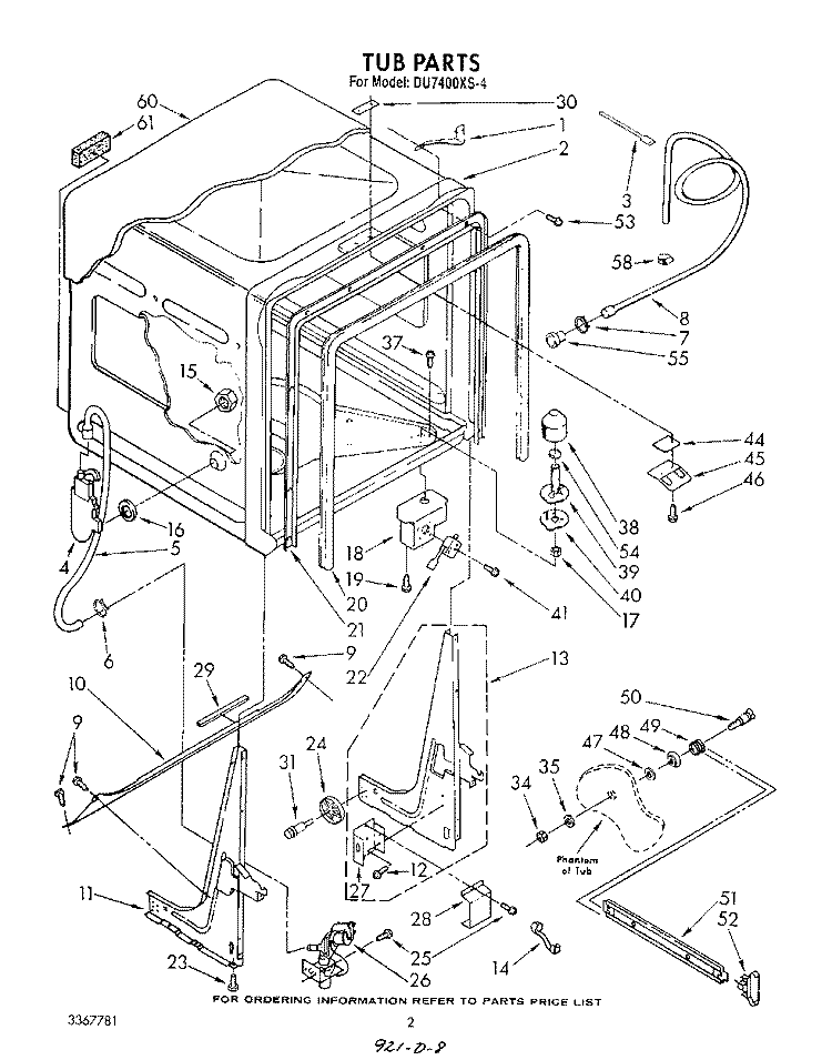 TUB , LIT/OPTIONAL Diagram and Parts List for DU7400XS4  Whirlpool Dishwasher