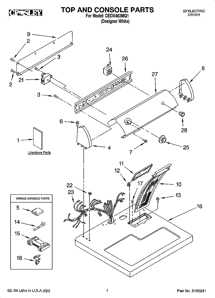 TOP AND CONSOLE PARTS Diagram and Parts List for CEDX463MQ1  Crosley Dryer