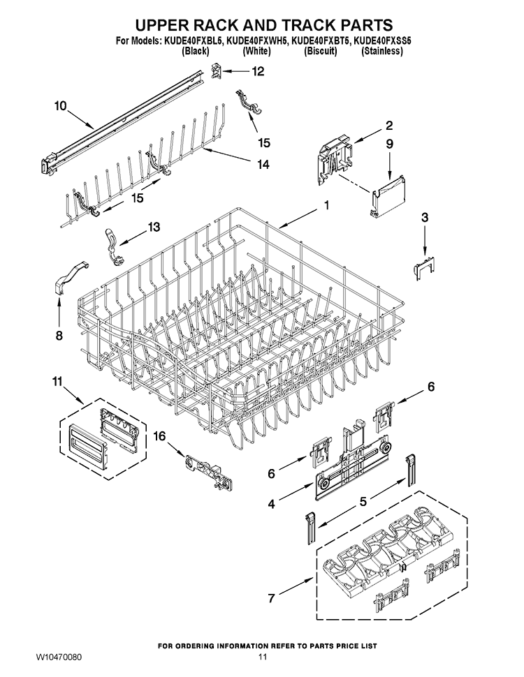 UPPER RACK AND TRACK PARTS Diagram and Parts List for KUDE40FXSS5  KitchenAid Dishwasher