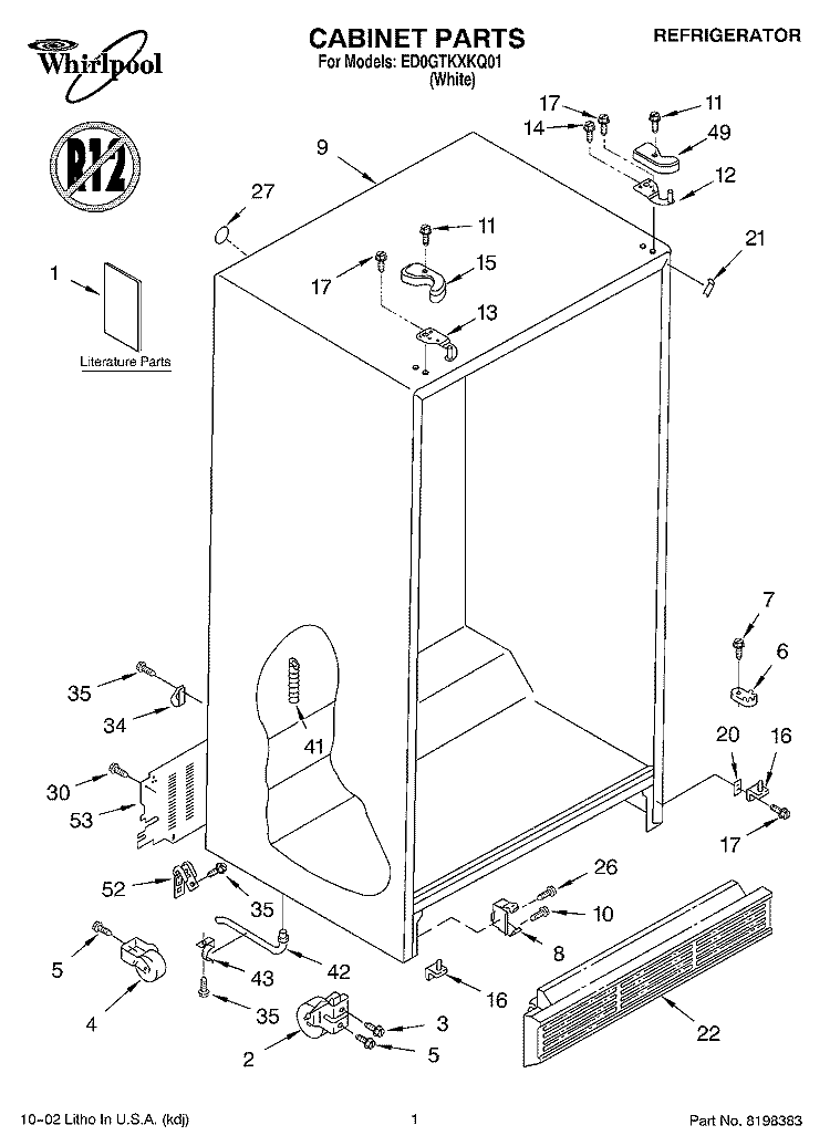 CABINET, LITERATURE Diagram and Parts List for ED0GTKXKQ01  Whirlpool Refrigerator