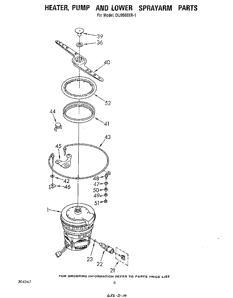 HEATER, PUMP AND LOWER SPRAYARM Diagram and Parts List for DU9500XR1  Whirlpool Dishwasher