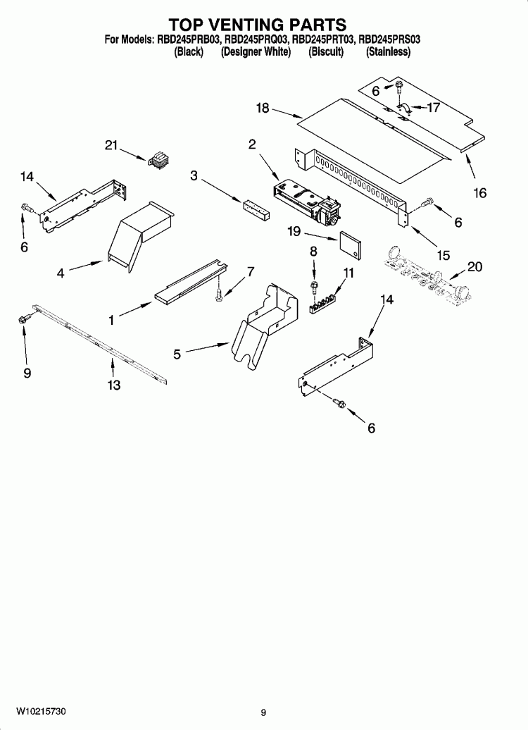 TOP VENTING PARTS, OPTIONAL PARTS Diagram and Parts List for RBD245PRT03  Whirlpool Wall Oven