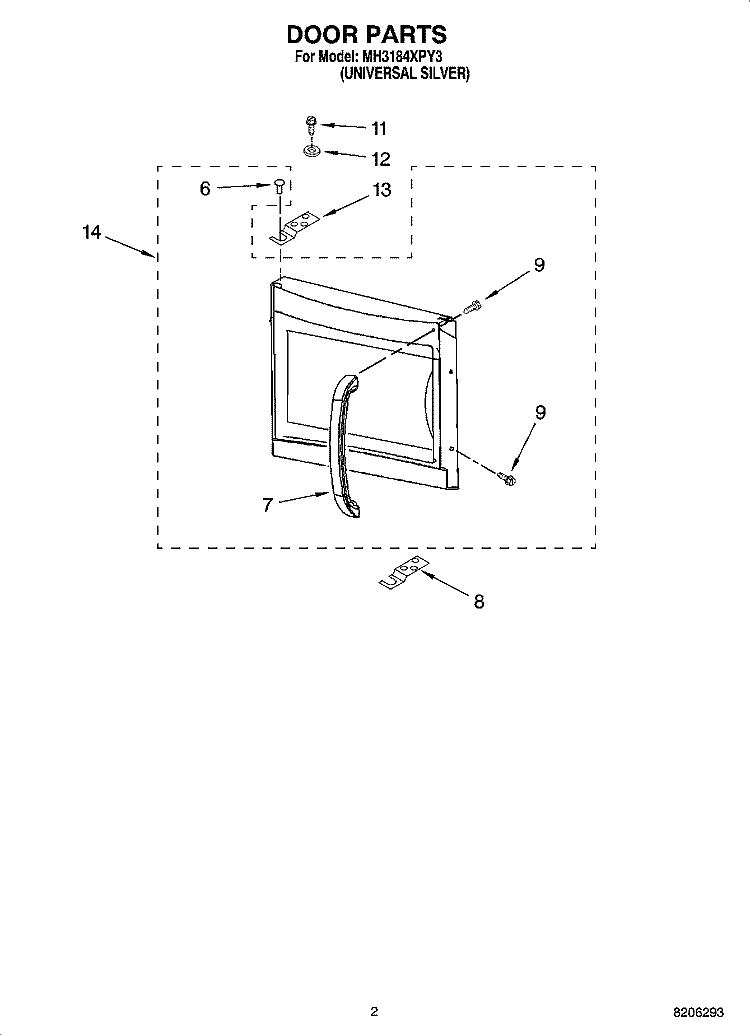 DOOR PARTS Diagram and Parts List for MH3184XPY3  Whirlpool Microwave