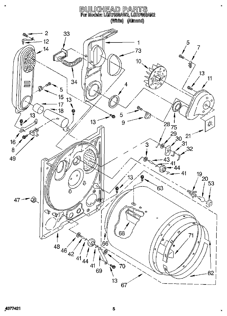 BULKHEAD Diagram and Parts List for LGR7858AN2  Whirlpool Dryer