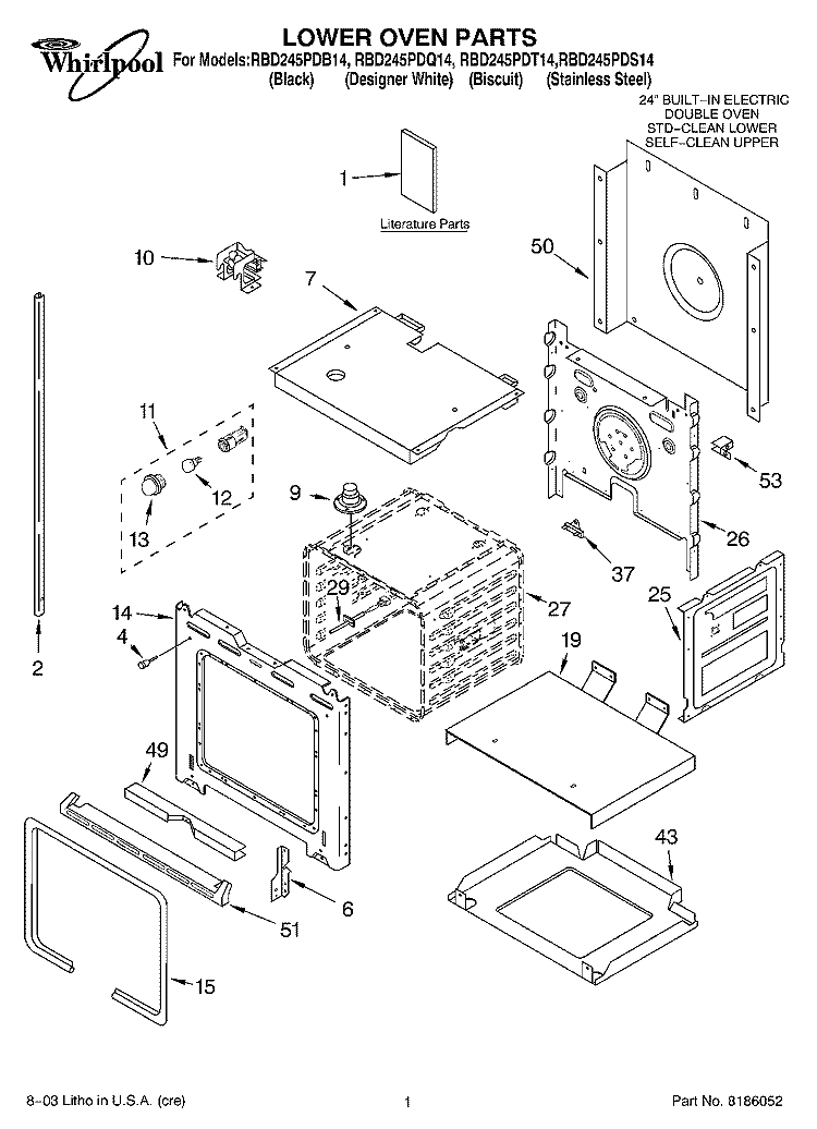 LOWER OVEN PARTS Diagram and Parts List for RBD245PDQ14  Whirlpool Wall Oven