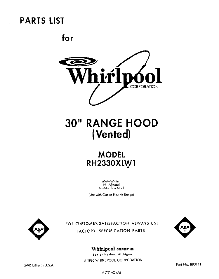 SECTION Diagram and Parts List for RH2330XLW1  Whirlpool Range Hood
