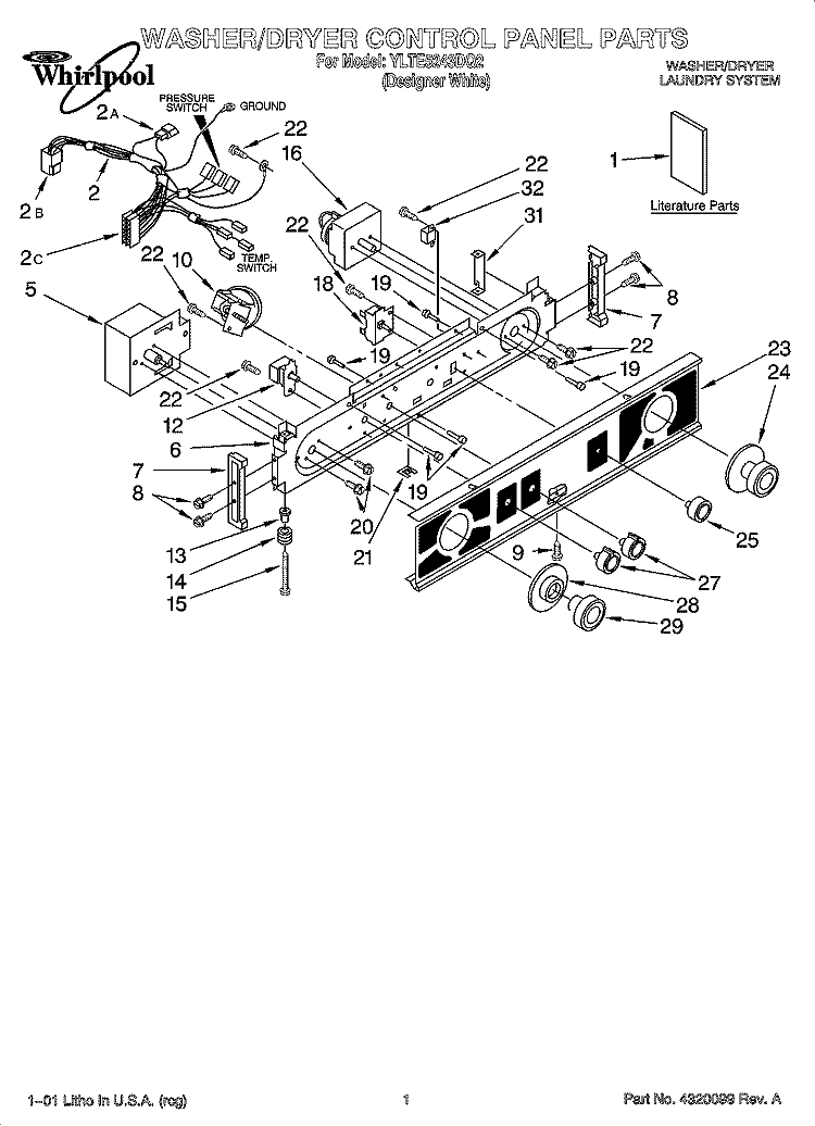 WASHER/DRYER CONTROL PANEL PARTS Diagram and Parts List for YLTE5243DQ2  Whirlpool Washer Dryer Combo