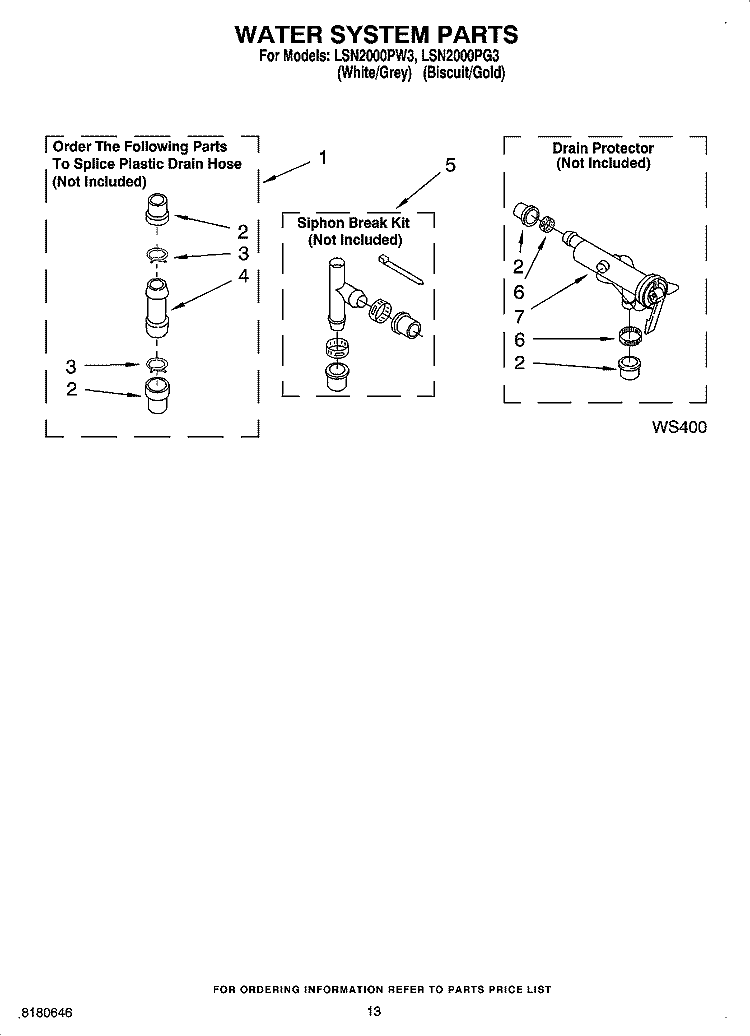 WATER SYSTEM PARTS, MISCELLANEOUS PARTS, OPTIONAL PARTS (NOT INCLUDED) Diagram and Parts List for LSN2000PG3  Whirlpool Washer