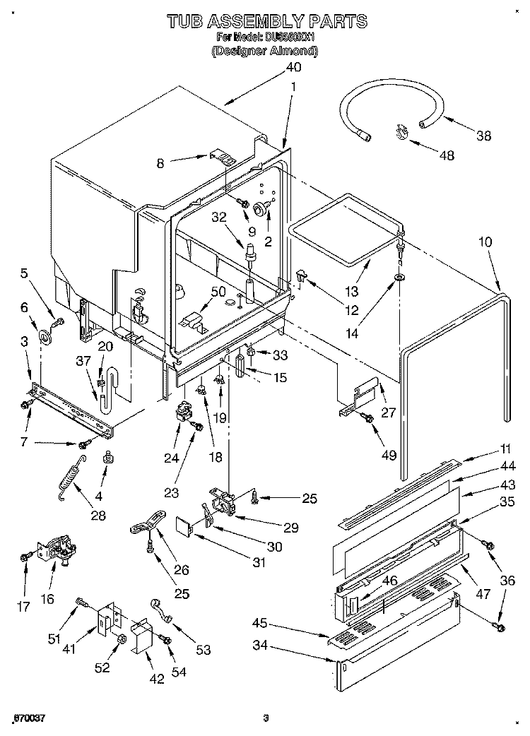 TUB ASSEMBLY Diagram and Parts List for DU8560XX1  Whirlpool Dishwasher