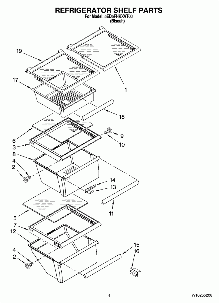 REFRIGERATOR SHELF PARTS Diagram and Parts List for 5ED5FHKXVT00  Whirlpool Refrigerator