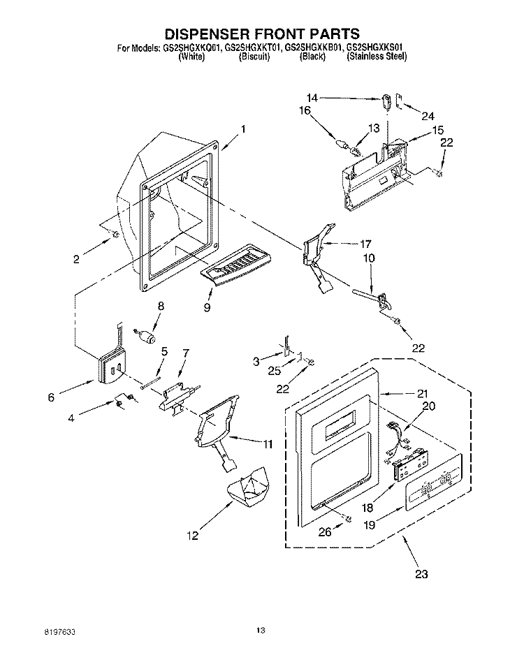 DISPENSER FRONT Diagram and Parts List for GS2SHGXKT01  Whirlpool Refrigerator