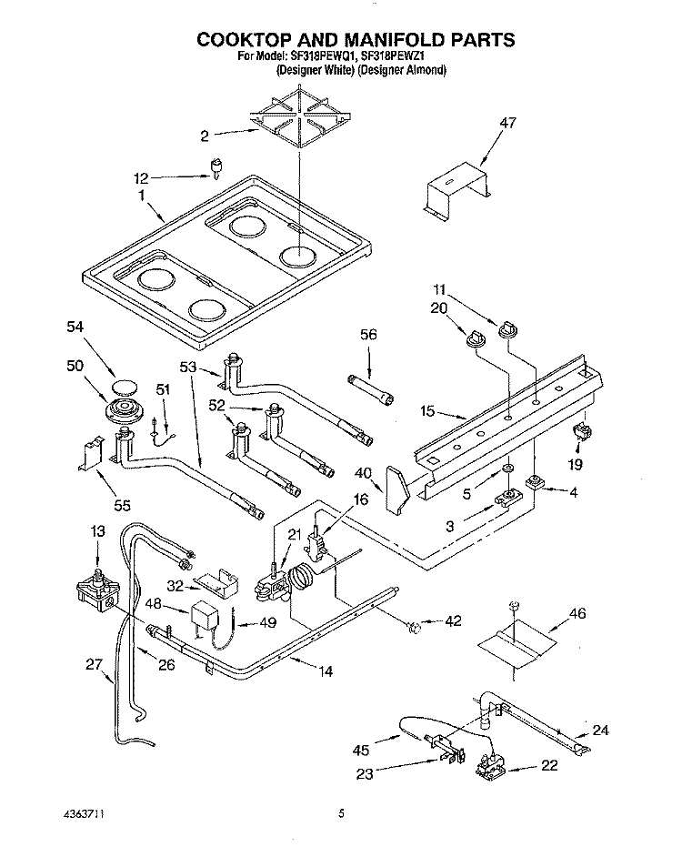 COOKTOP AND MANIFOLD, LITERATURE Diagram and Parts List for SF318PEWZ1  Whirlpool Range