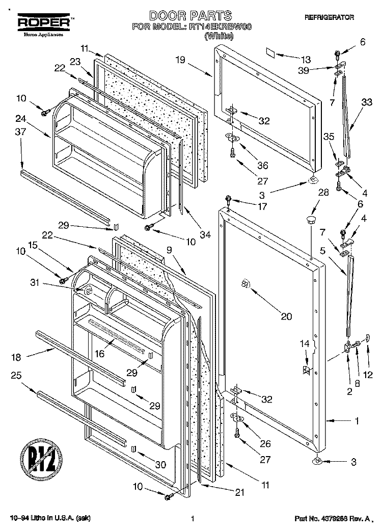 DOOR Diagram and Parts List for RT14EKRBW00  Roper Refrigerator