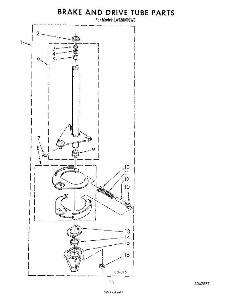 BRAKE AND DRIVE TUBE Diagram and Parts List for LA5380XSW0  Whirlpool Washer